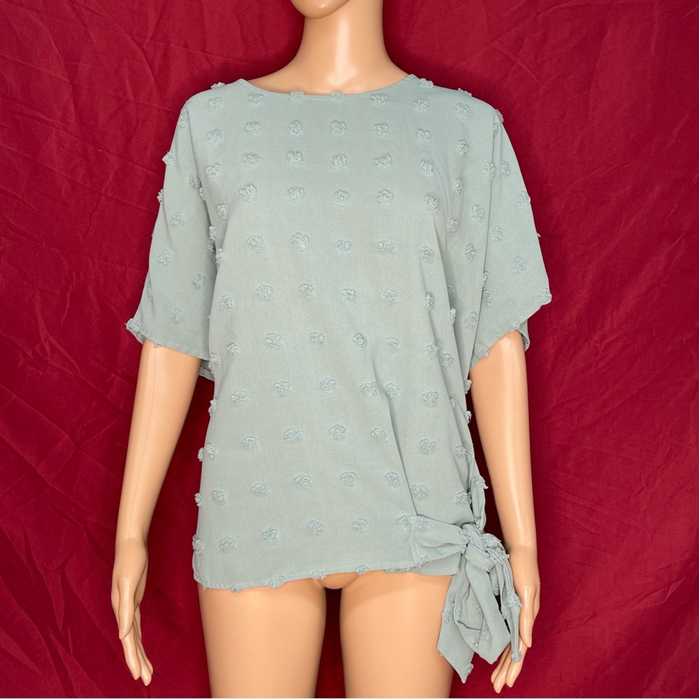 Gomorn Sage Green Textured Chenille Swiss Dot Side Tie Blouse – Large (NWOT)